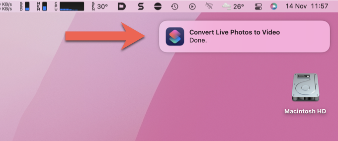 Convert Live Photos to Video Done notification