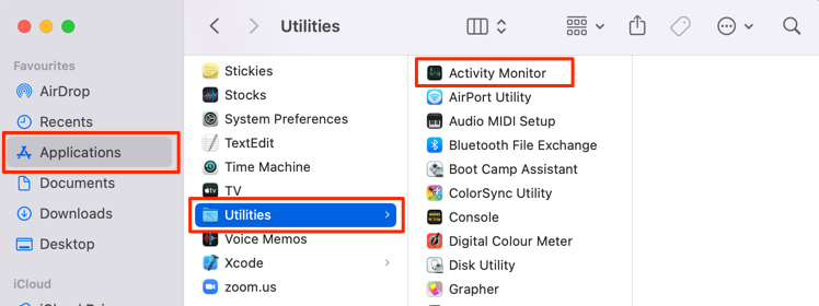 Finder > Applications > Utilities > Activity Monitor.
