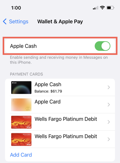 Apple Cash toggled to on