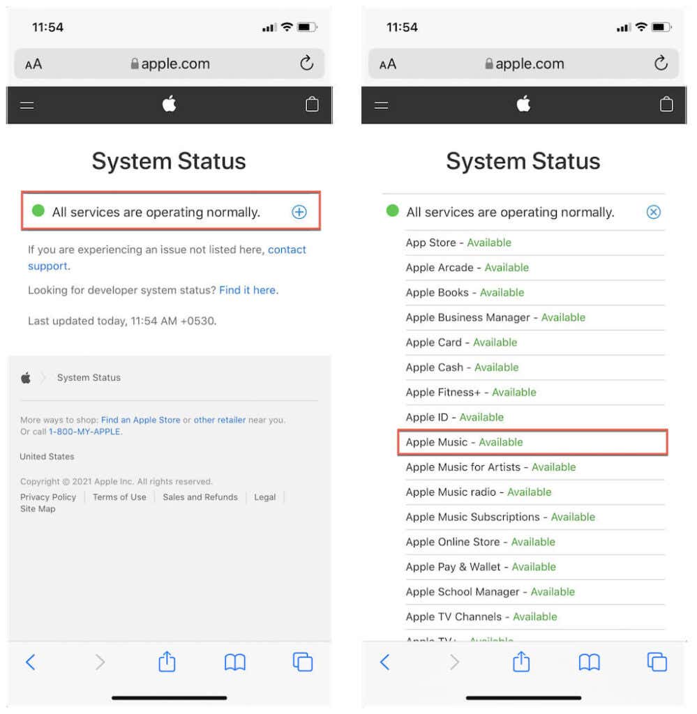 Apple System Status screens