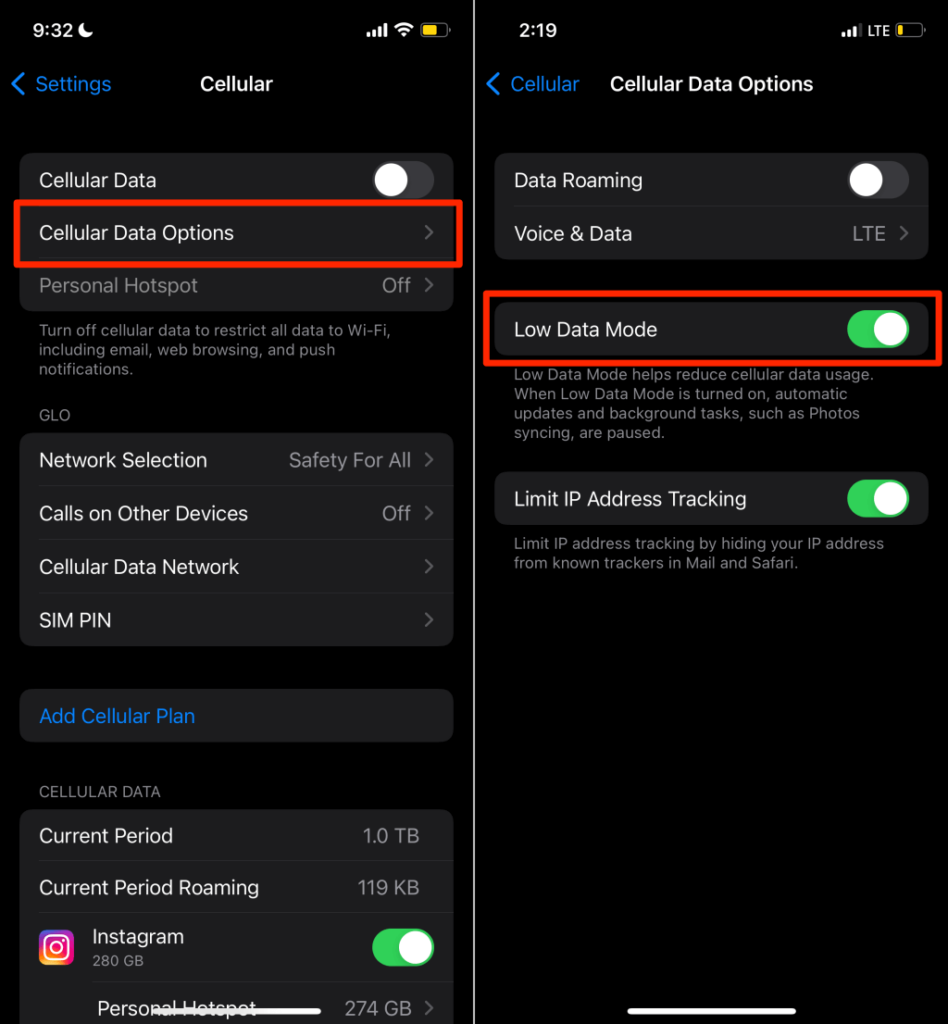 Cellular Data Optons > Low Data Mode toggled off” class=”wp-image-15855″ srcset=”https://www.switchingtomac.com/wp-content/uploads/2022/02/04-how-to-fix-iphone-cellular-data-not-working-948×1024.png 948w, https://www.switchingtomac.com/wp-content/uploads/2022/02/04-how-to-fix-iphone-cellular-data-not-working-278×300.png 278w, https://www.switchingtomac.com/wp-content/uploads/2022/02/04-how-to-fix-iphone-cellular-data-not-working-768×830.png 768w, https://www.switchingtomac.com/wp-content/uploads/2022/02/04-how-to-fix-iphone-cellular-data-not-working-320×346.png 320w, https://www.switchingtomac.com/wp-content/uploads/2022/02/04-how-to-fix-iphone-cellular-data-not-working-640×691.png 640w, https://www.switchingtomac.com/wp-content/uploads/2022/02/04-how-to-fix-iphone-cellular-data-not-working-360×389.png 360w, https://www.switchingtomac.com/wp-content/uploads/2022/02/04-how-to-fix-iphone-cellular-data-not-working-720×778.png 720w, https://www.switchingtomac.com/wp-content/uploads/2022/02/04-how-to-fix-iphone-cellular-data-not-working-800×864.png 800w, https://www.switchingtomac.com/wp-content/uploads/2022/02/04-how-to-fix-iphone-cellular-data-not-working-610×659.png 610w, https://www.switchingtomac.com/wp-content/uploads/2022/02/04-how-to-fix-iphone-cellular-data-not-working-46×50.png 46w, https://www.switchingtomac.com/wp-content/uploads/2022/02/04-how-to-fix-iphone-cellular-data-not-working.png 1024w” sizes=”(max-width: 948px) 100vw, 948px”><br />
            </figure>
</p></div>
<p>Finally, ensure the “Phonation & Data” option is set to either VoLTE or LTE—if your carrier doesn’t support VoLTE.</p>
<p>Toggle on<br />
            <strong>Data Roaming</strong><br />
            if you have an international information plan and yous’re out of your region or country. Contact your network provider for more data about your data programme.</p>
<h2>2. Check Your Information Plan Condition</h2>
<p>Yous can’t access the cyberspace or use internet-dependent apps on your iPhone without a data plan. If y’all previously subscribed to a capped data program, confirm that y’all haven’t exhausted the data volume allotted to the programme.</p>
<div class=