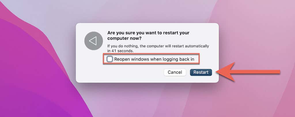 "Reopen windows when logging back in" unchecked 