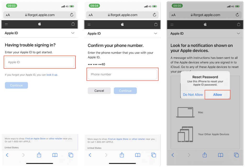 Visual instructions to reset Apple ID password online