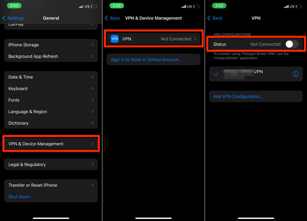 Settings > General > VPN & Device Management > VPN > Status set to “Not Connected.”