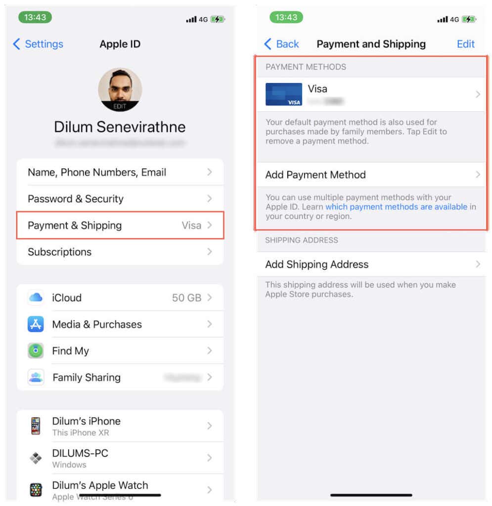 Apple ID > Payment & Shipping > Payment Methods