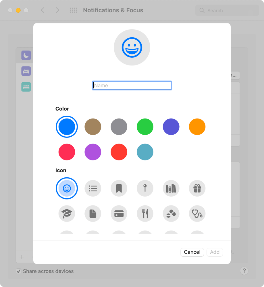 Name, color, and icon screen