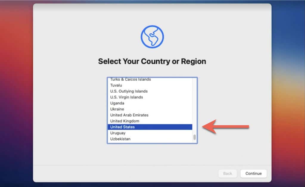 Select Country or Region screen 