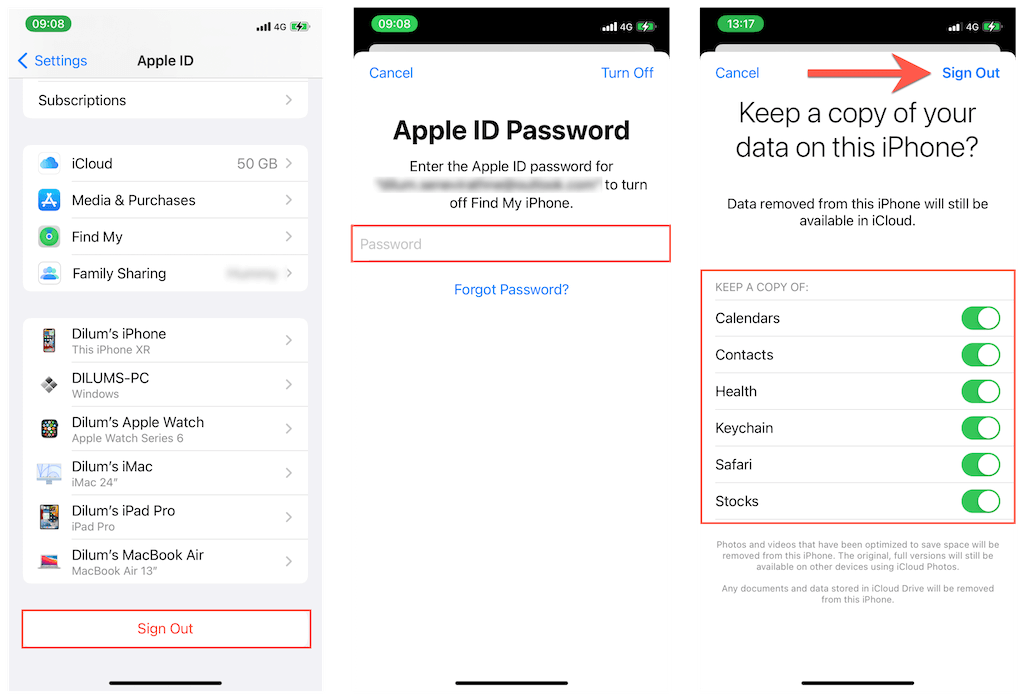 Apple ID Password > Sign Out