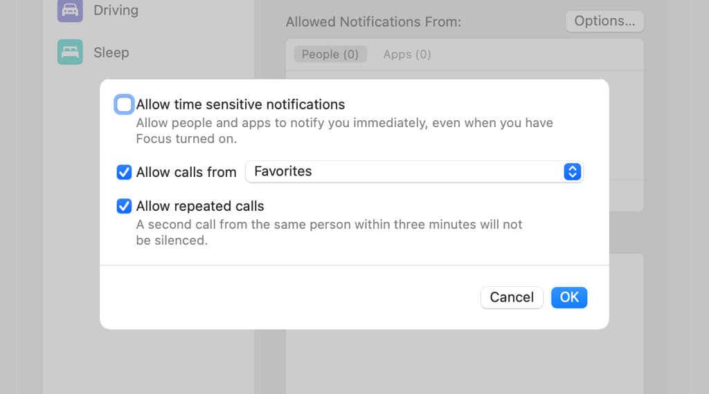Options to customize Time-sensitive notifications, allowed calls, and repeated calls. 