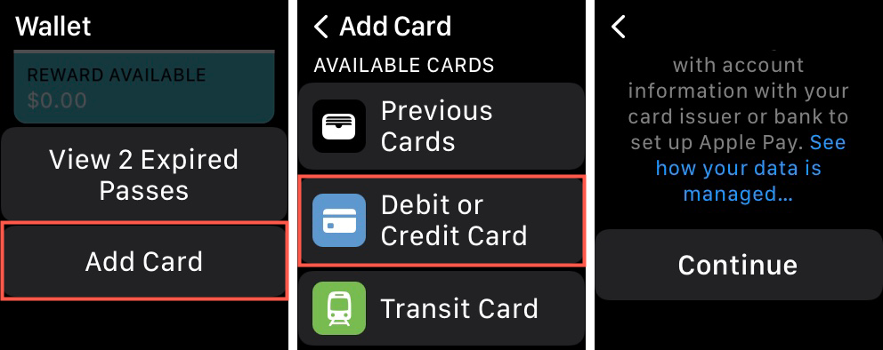 Wallet > Add Card > Debit or Credit Card > Continue