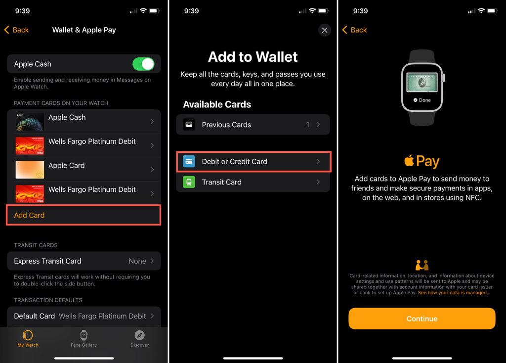 Wallet & Apple Pay > Add Card > Add to Wallet > Debit or Credit > Continue