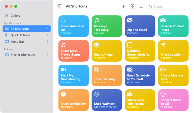 All Shortcuts screen 