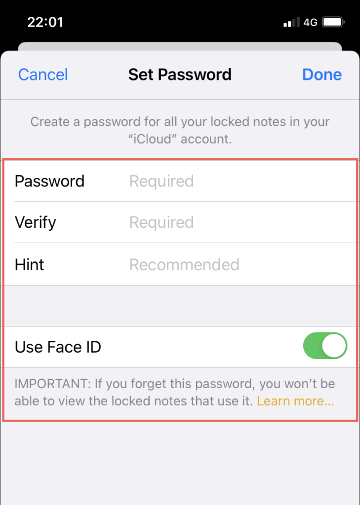 Password, Verify, and Hint options