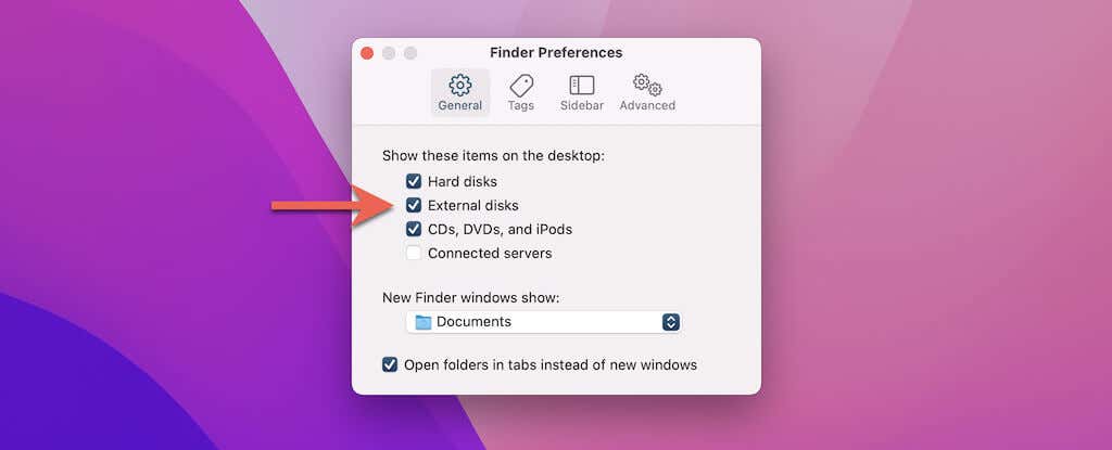 Finder Preferences > External Disks