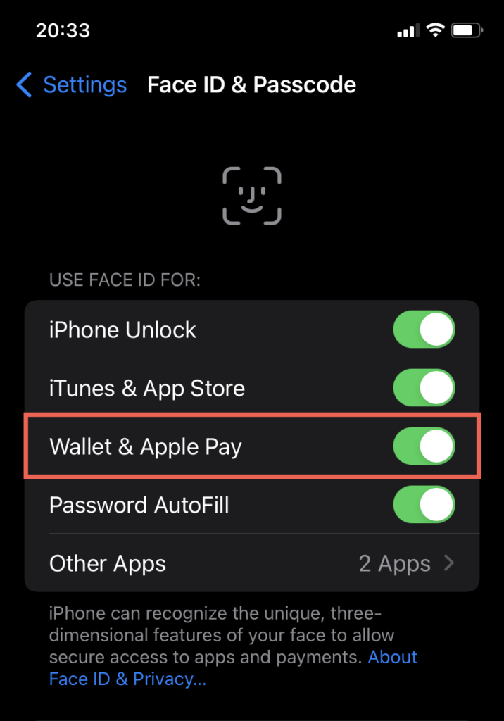 Wallet & Apple Pay toggled on 
