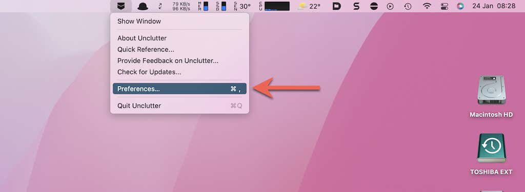 Preferences in menu bar