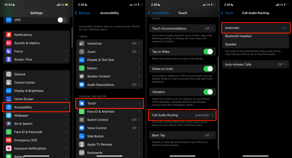 Settings > Accessibility > Touch > Call Audio Routing and select Automatically