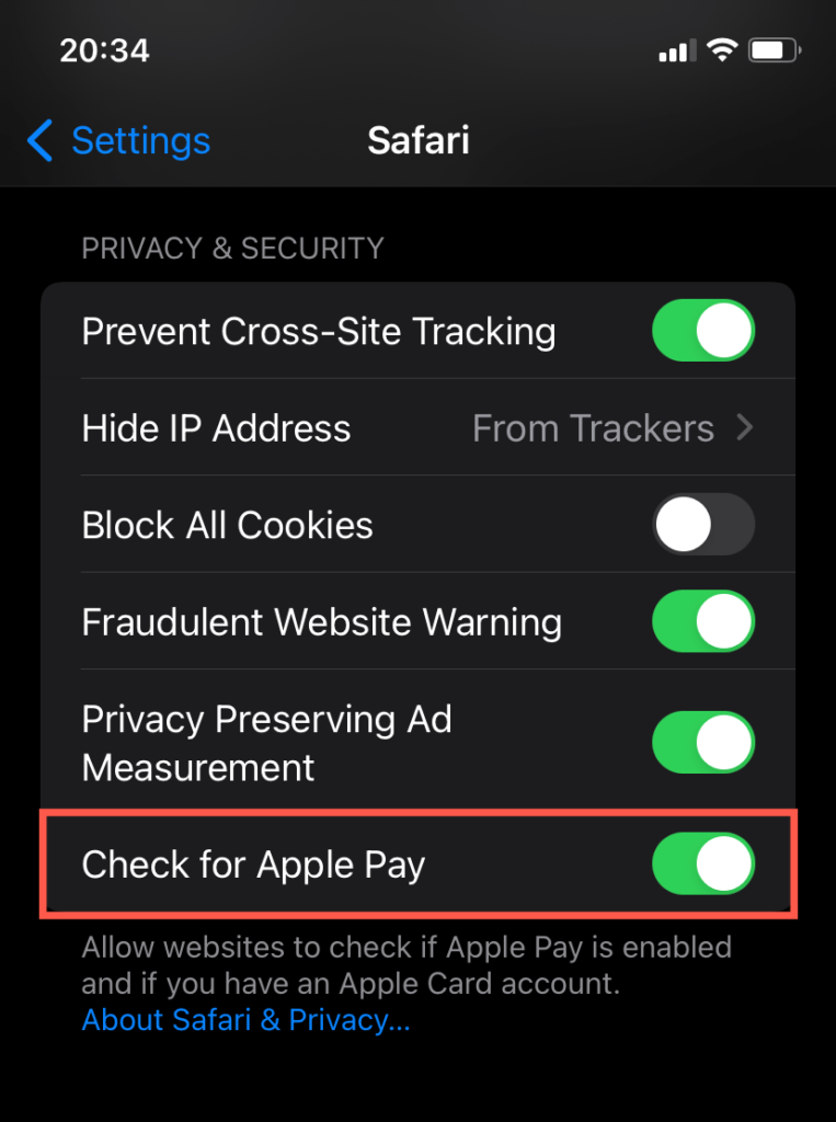 Check for Apple Pay toggled on 