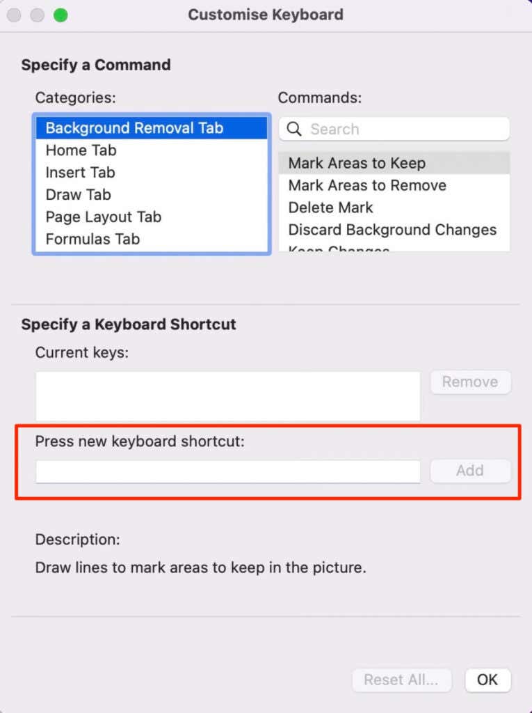 Press new keyboard shortcut