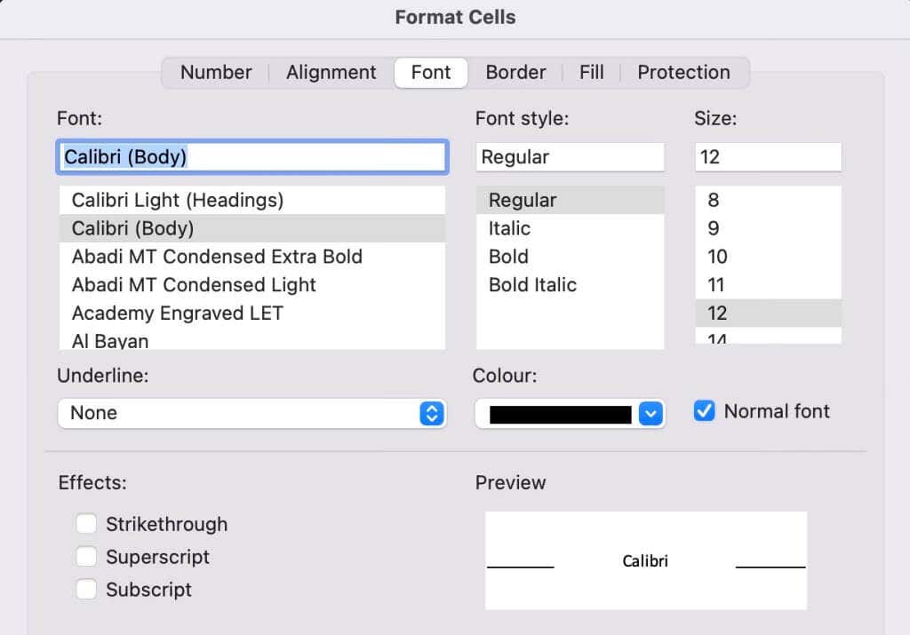 Format Cells Dialog Box 