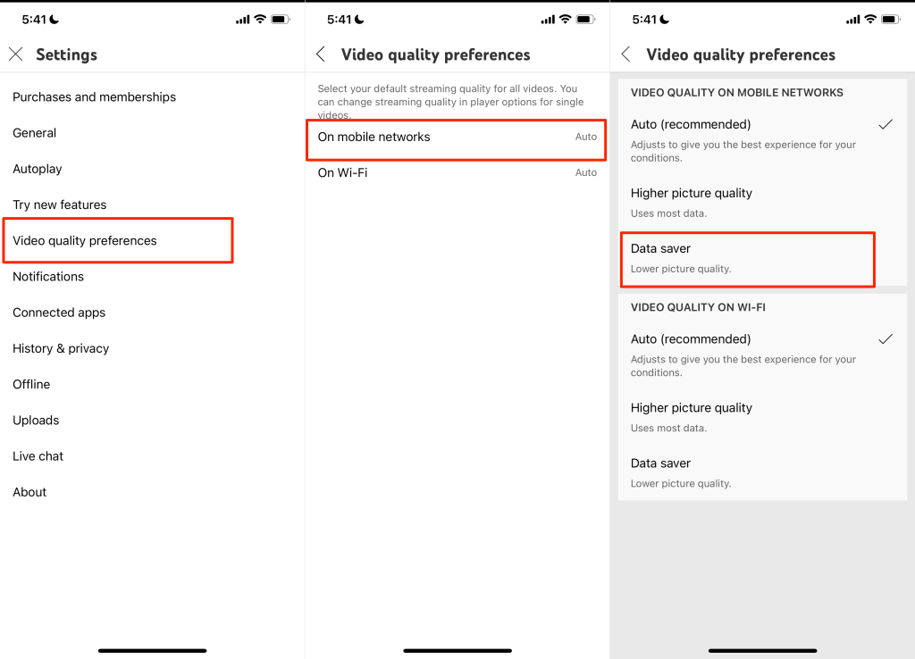 Settings > Video quality preferences > On mobile networks and select Data saver