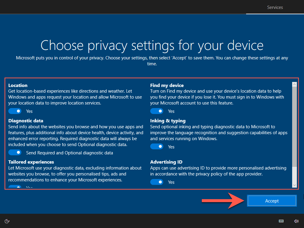 Privacy settings window