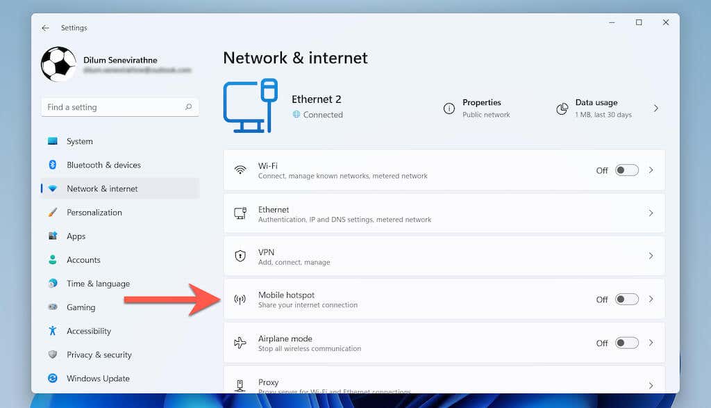 Network & internet > Mobile hotspot