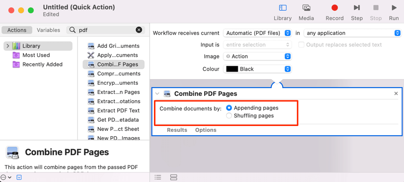 Combine PDF Pages options