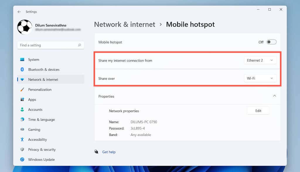 Set Share my internet connection from to Ethernet. Set Share over to Wi-Fi.