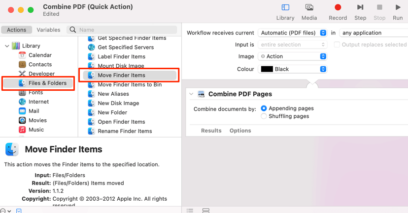 Actions > Library > Files & Folders > Move Finder Items