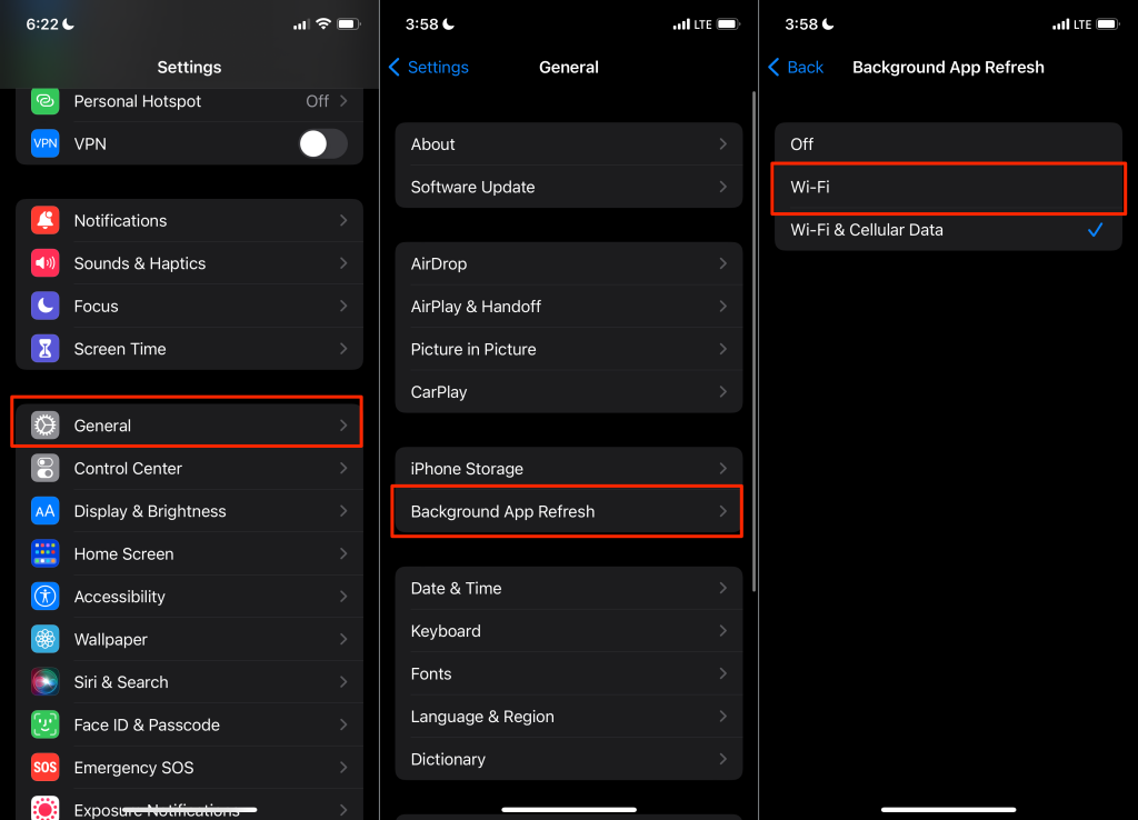 Head to Settings > General > Background App Refresh > Background App Refresh and select Wi-Fi.