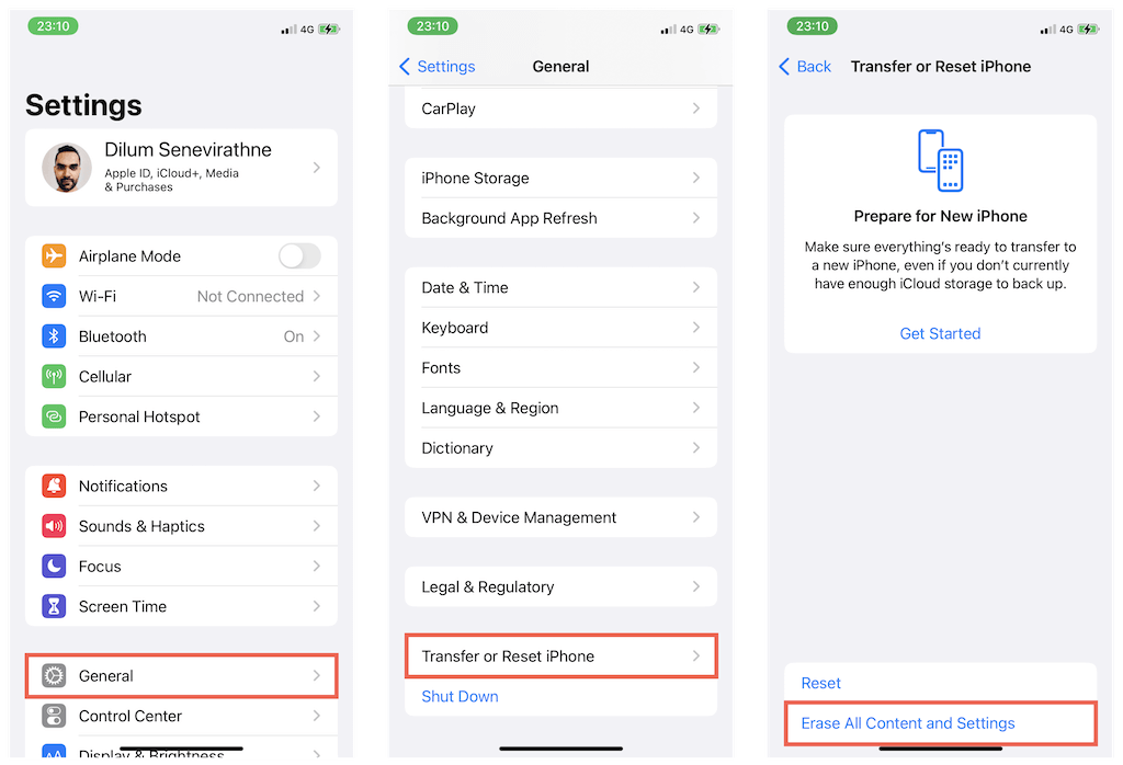 General > Transfer or Reset iPhone > Erase All Content and Settings