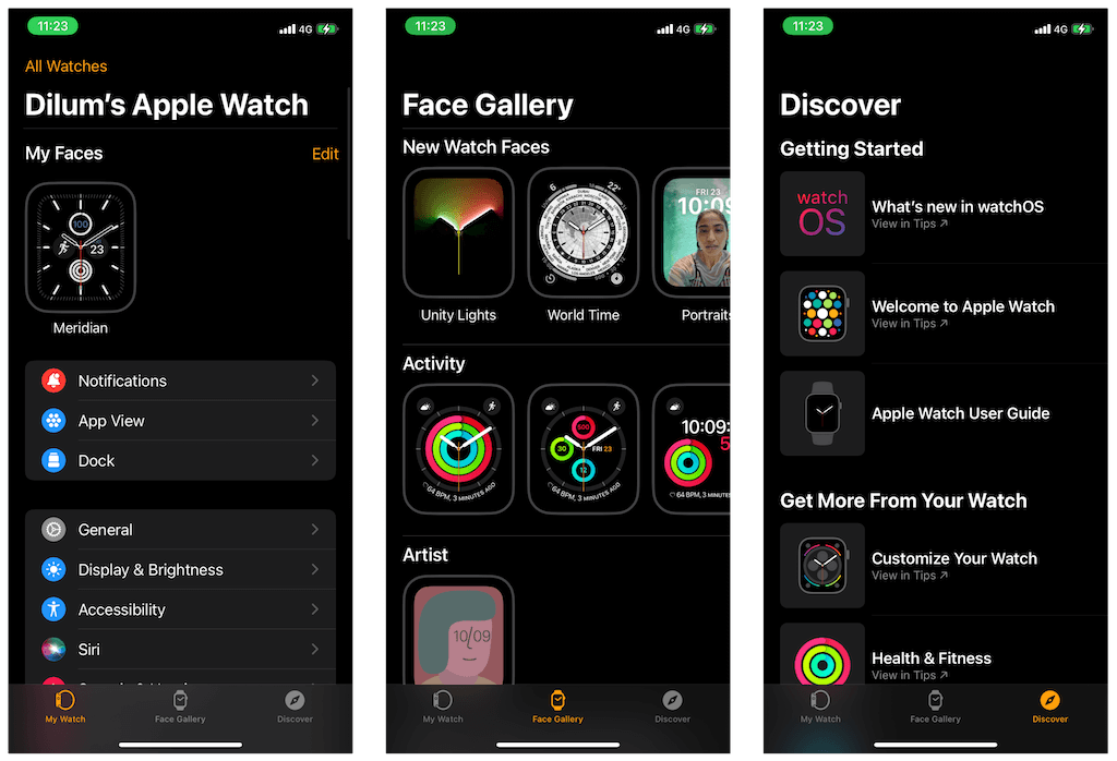 Apple Watch app on iPhone screens