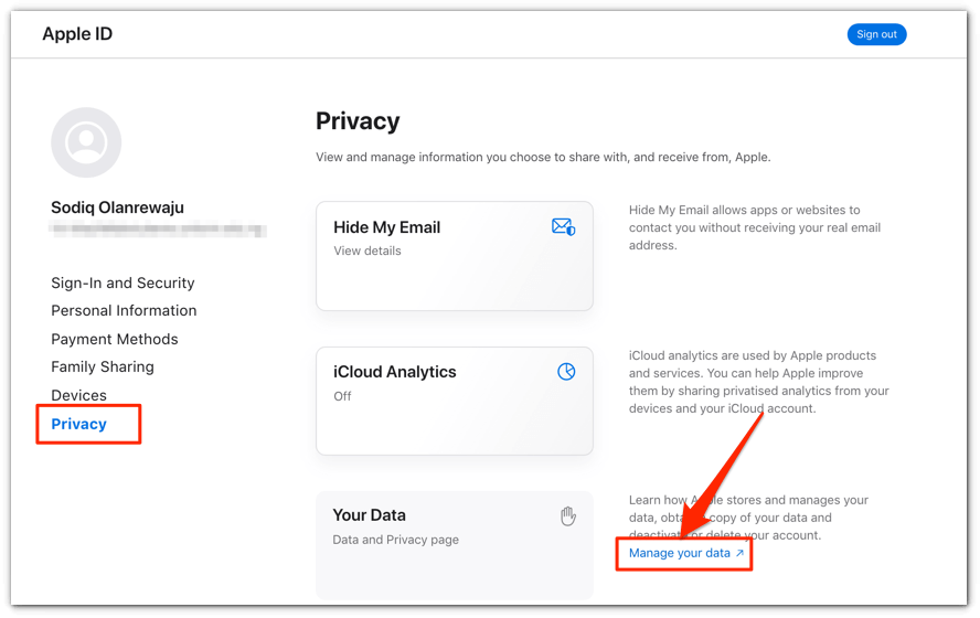 Privacy > Manage your data 