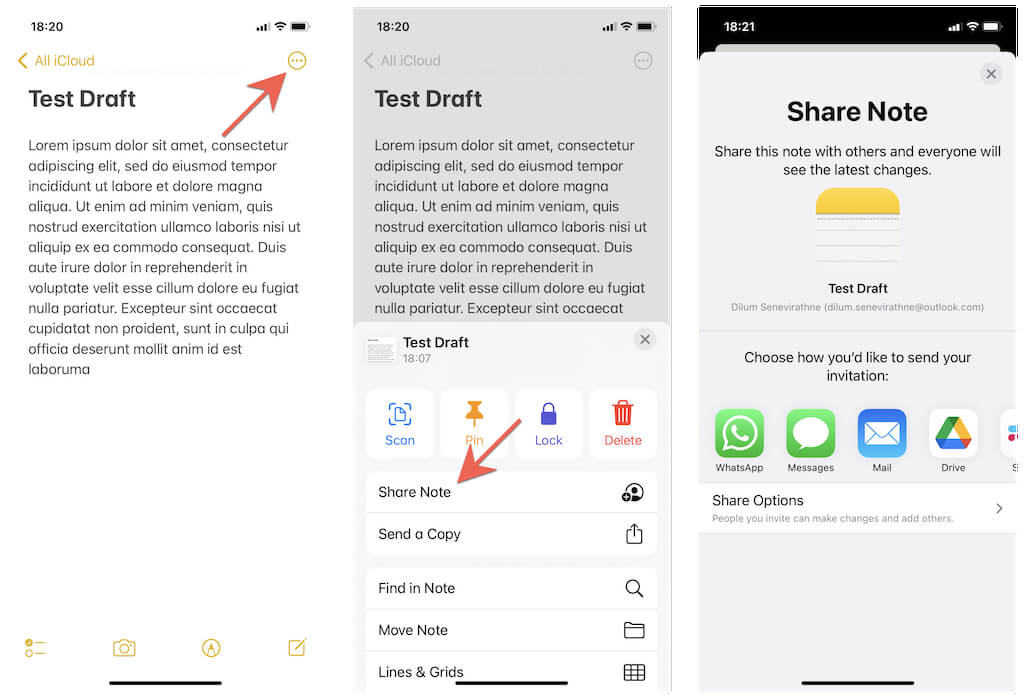 More icon > Share note