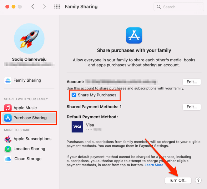 Family Sharing > Purchase Sharing > Share My Purchases > Turn Off