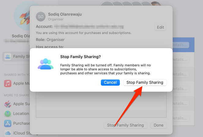 Stop Family Sharing button 