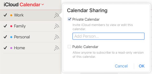 Share Calendar > Private Calendar > Add Person > OK