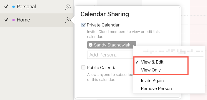 Share Calendar > Permissions menu