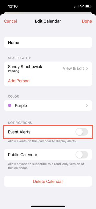 Event Alerts toggle 