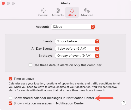 Show shared calendar messages in Notification Center