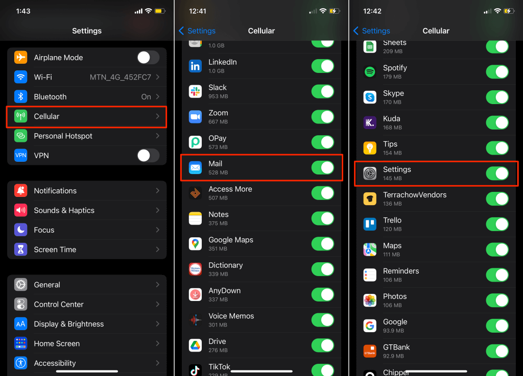 Settings > Cellular > Mail & Settings toggled on
