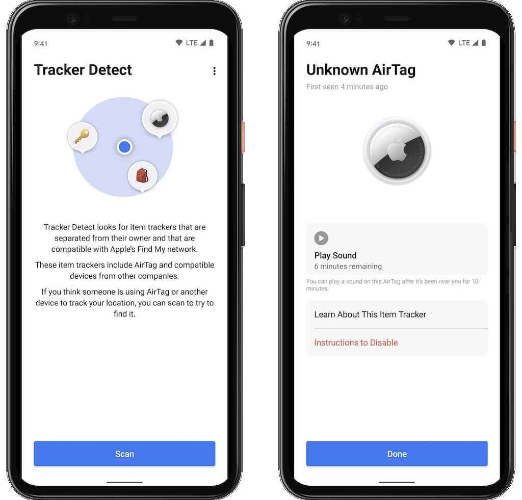 Tracker Detect and Unknown AirTag screens