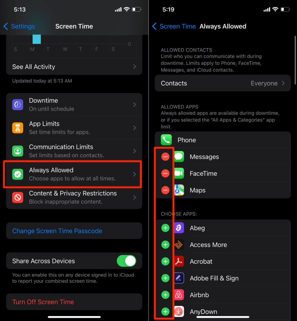 Screen Time > Always Allowed