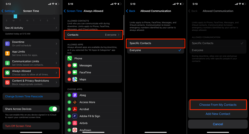 Always Allowed > Contacts > Specific Contacts > Choose From My Contacts