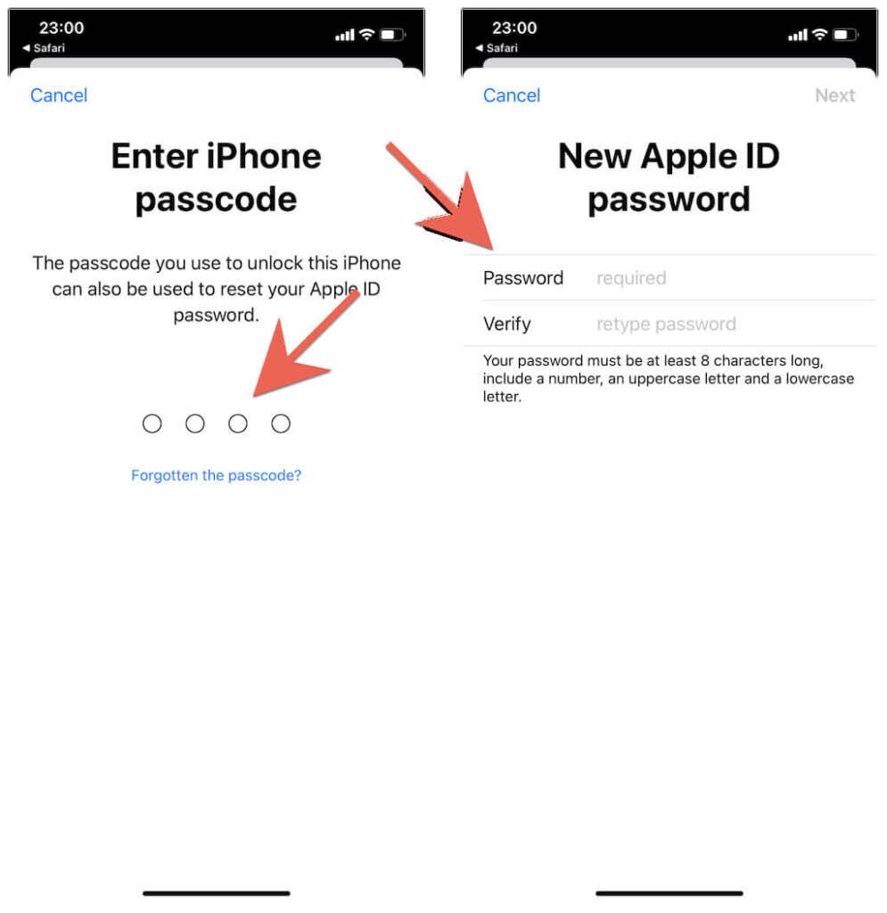 Enter iPhone passcode > New Apple ID password 