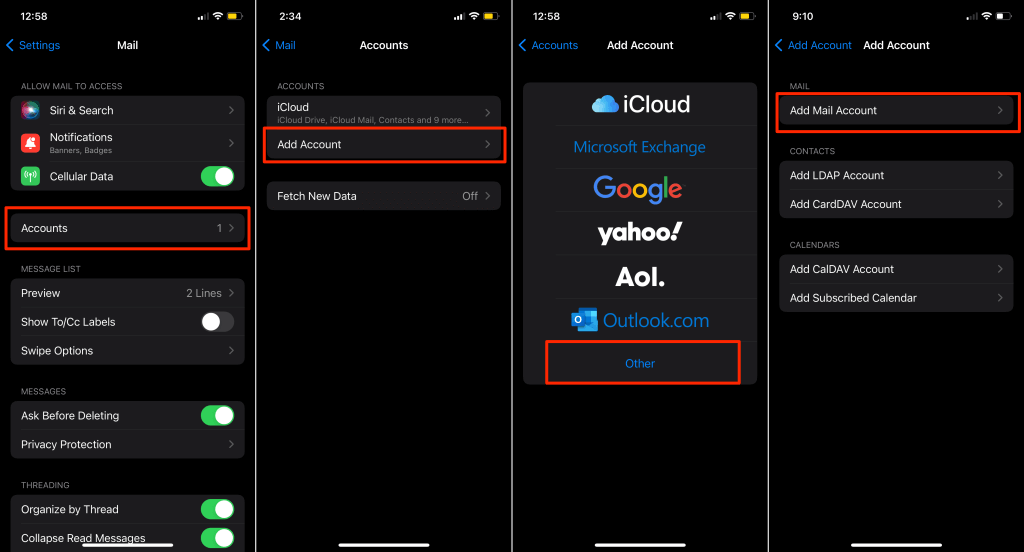 Settings > Mail > Accounts and tap Add Account