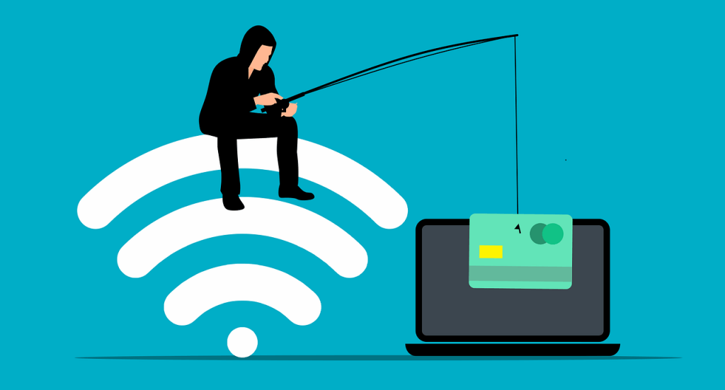 A hacker "phishing" a credit card via Wi-Fi