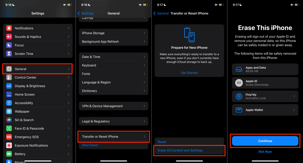 Settings > General > Transfer or Reset iPhone > Erase All Content and Settings. Tap Continue