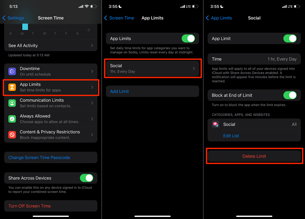 Settings > Screen Time > App Limits and select the limit you want to delete. Enter your Screen Time passcode and tap Delete Limit